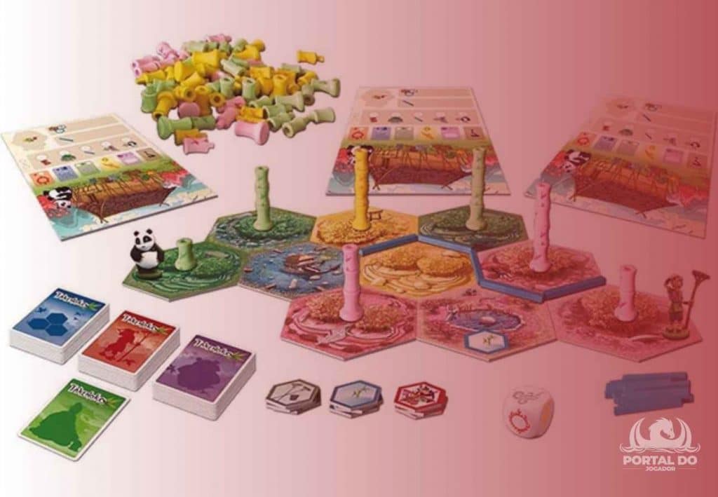 Saiba qual a história do jogo de tabuleiro Takenoko e quais os seus componentes. Fonte/Reprodução: Galápagos