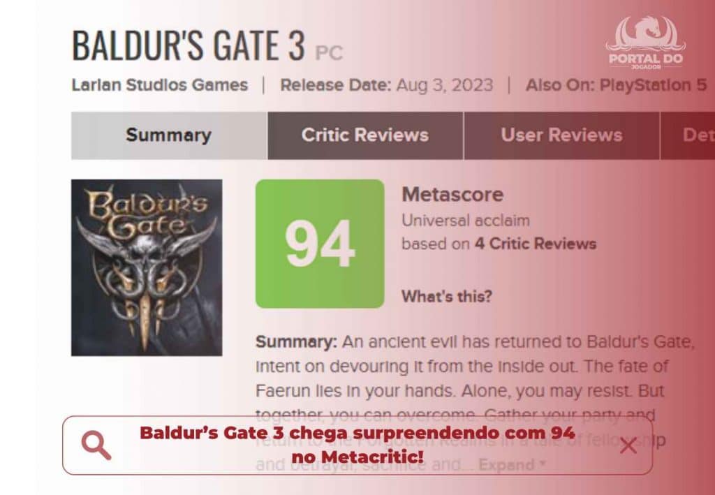 Baldur’s Gate 3 chega surpreendendo com 94 no Metacritic!