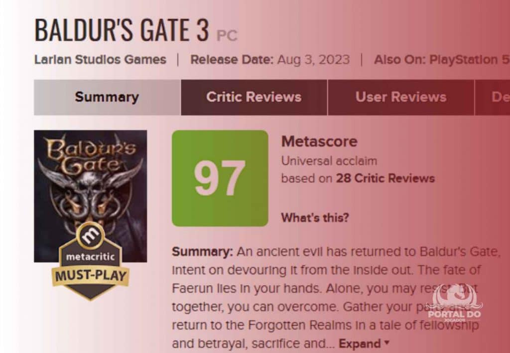 Baldur´s Gate 3: Melhor jogo de 2023, segundo Metacritic!