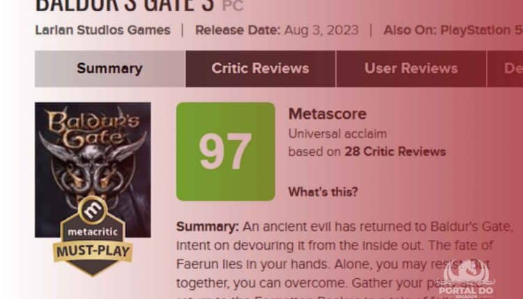 Baldur´s Gate 3 Melhor jogo de 2023, segundo Metacritic!